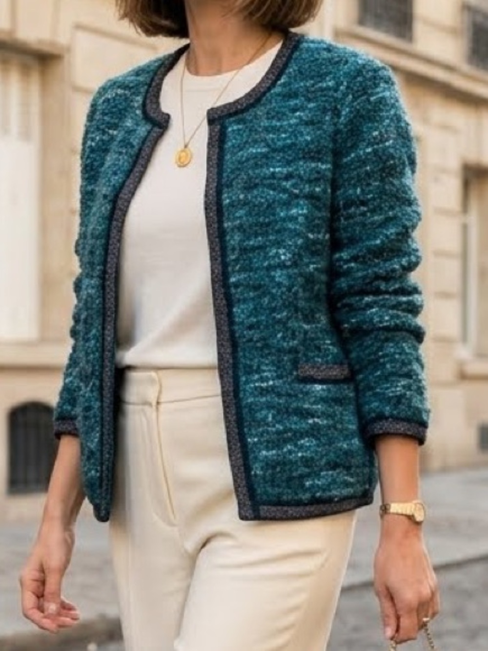 a.n.a Sweater Bouclé Textured Knit Open-Front Cardigan Blue Green Black Medium